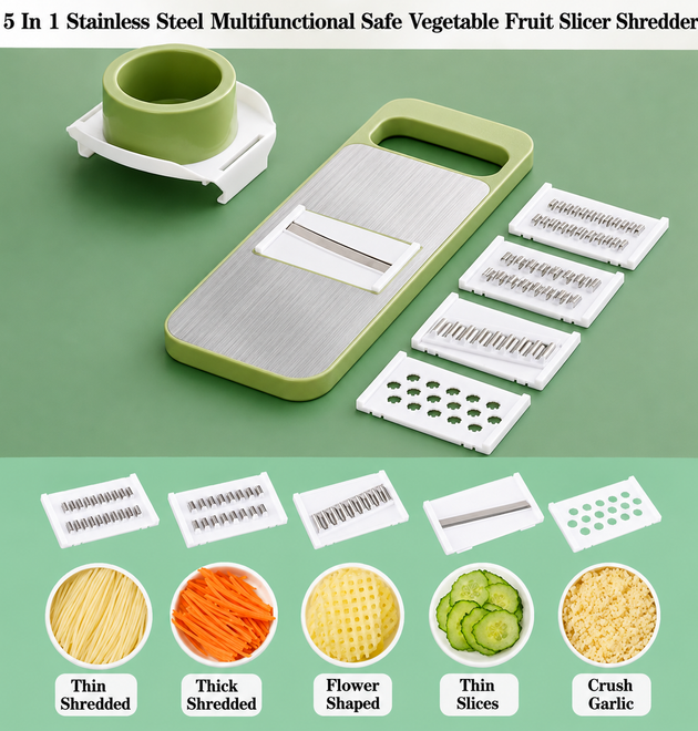 Manual Food Grater, 5 in 1 Grater and Slicer with Stainless Steel Blade, Multi-functional Vegetable Fruit Slicer for Kitchen