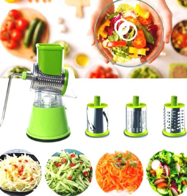 3-in-1 Tabletop Vegetable Grater & Slicer — Manual Drum Cutter with Interchangeable Blades