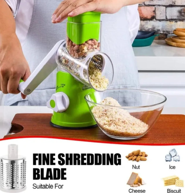 3-in-1 Tabletop Vegetable Grater & Slicer — Manual Drum Cutter with Interchangeable Blades