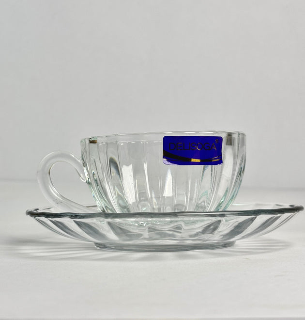 Delisoga Crystal Glass Cup & Saucer Set — 6 Cups & 6 Saucers (12 Pieces)